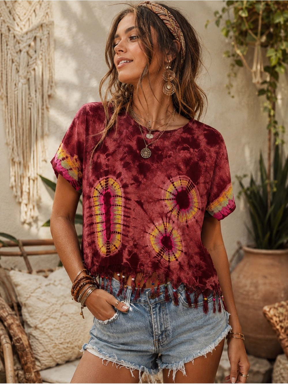 Boho Tie-Dye Beaded Tassel Hem Top